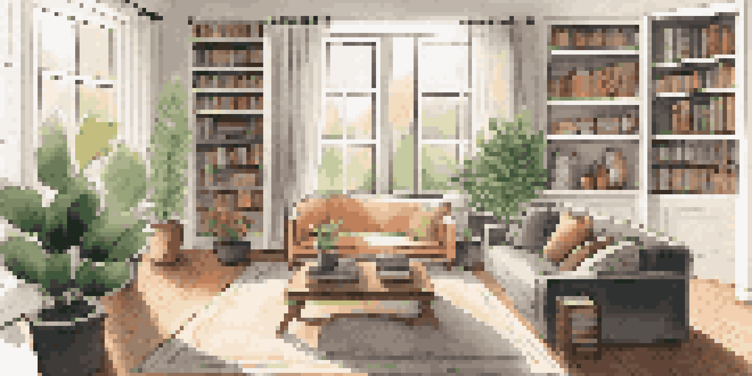 A modern living room with a plush sofa, coffee table, fireplace, and large windows allowing natural light in.