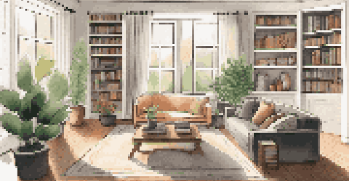 A modern living room with a plush sofa, coffee table, fireplace, and large windows allowing natural light in.