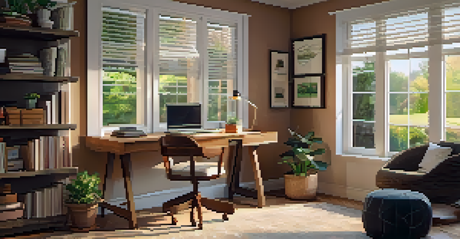 A warm and inviting home office space with a wooden desk, laptop, and plants by the window.