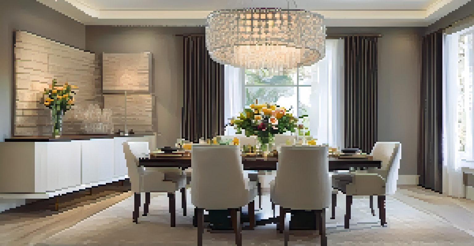An elegant dining room with a textured stone accent wall and a long wooden dining table set with dinnerware.