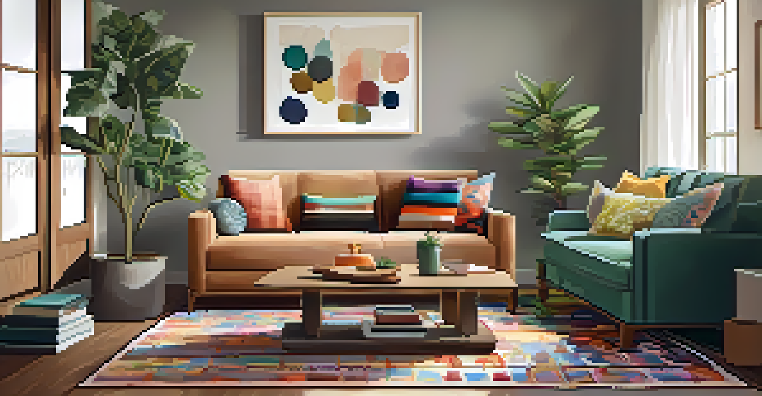 A warm and inviting living room with a sofa, coffee table, and plants, bathed in natural light.