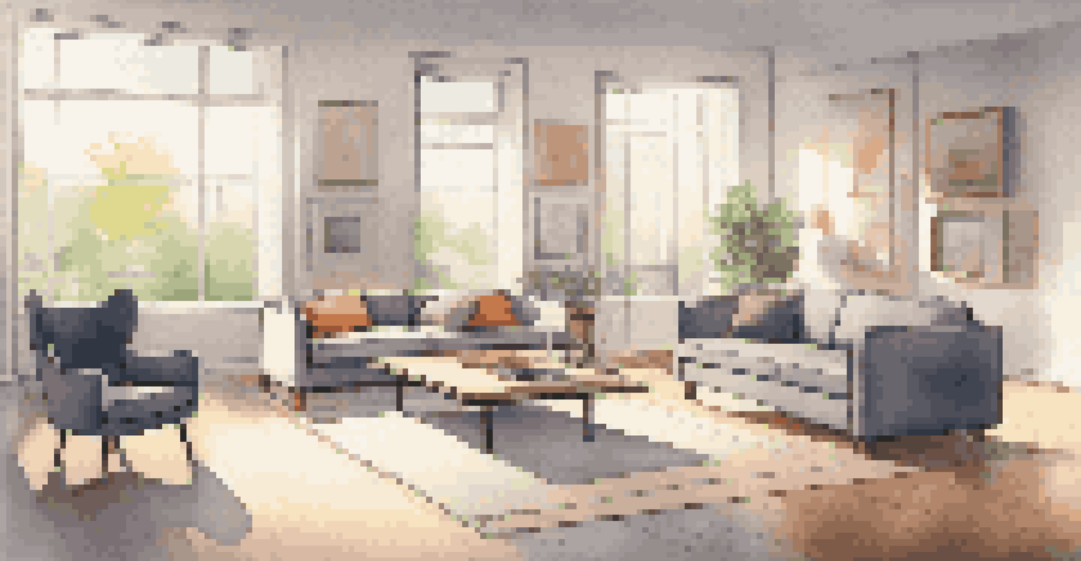 A person using a mobile device to visualize digital furniture in a vacant living room, with natural light streaming through large windows.