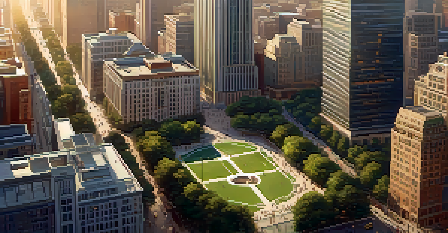 A lively urban area seen from above, featuring a blend of modern and historic architecture.