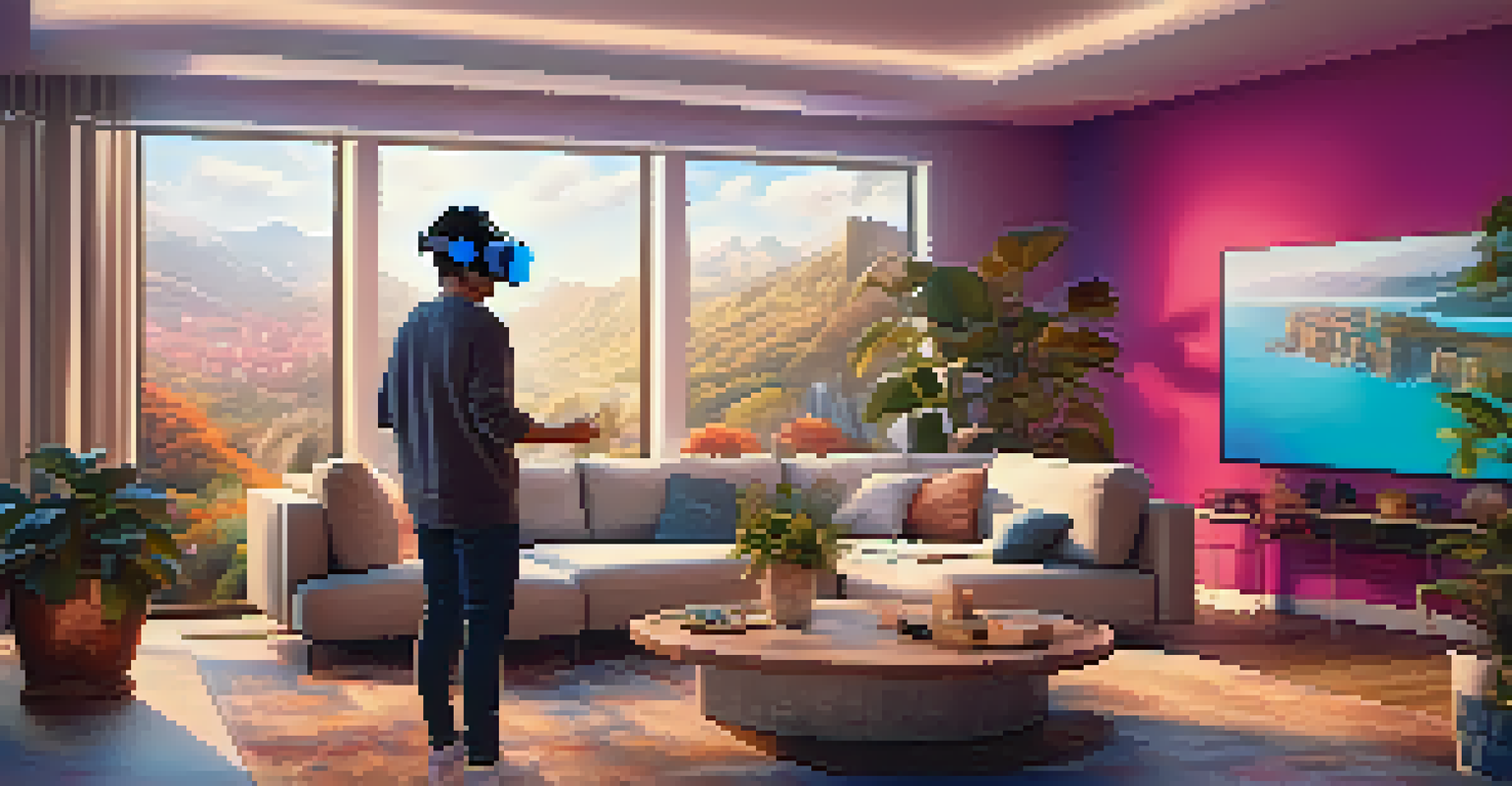 A person using virtual reality goggles to explore an art gallery, set in a cozy living room.