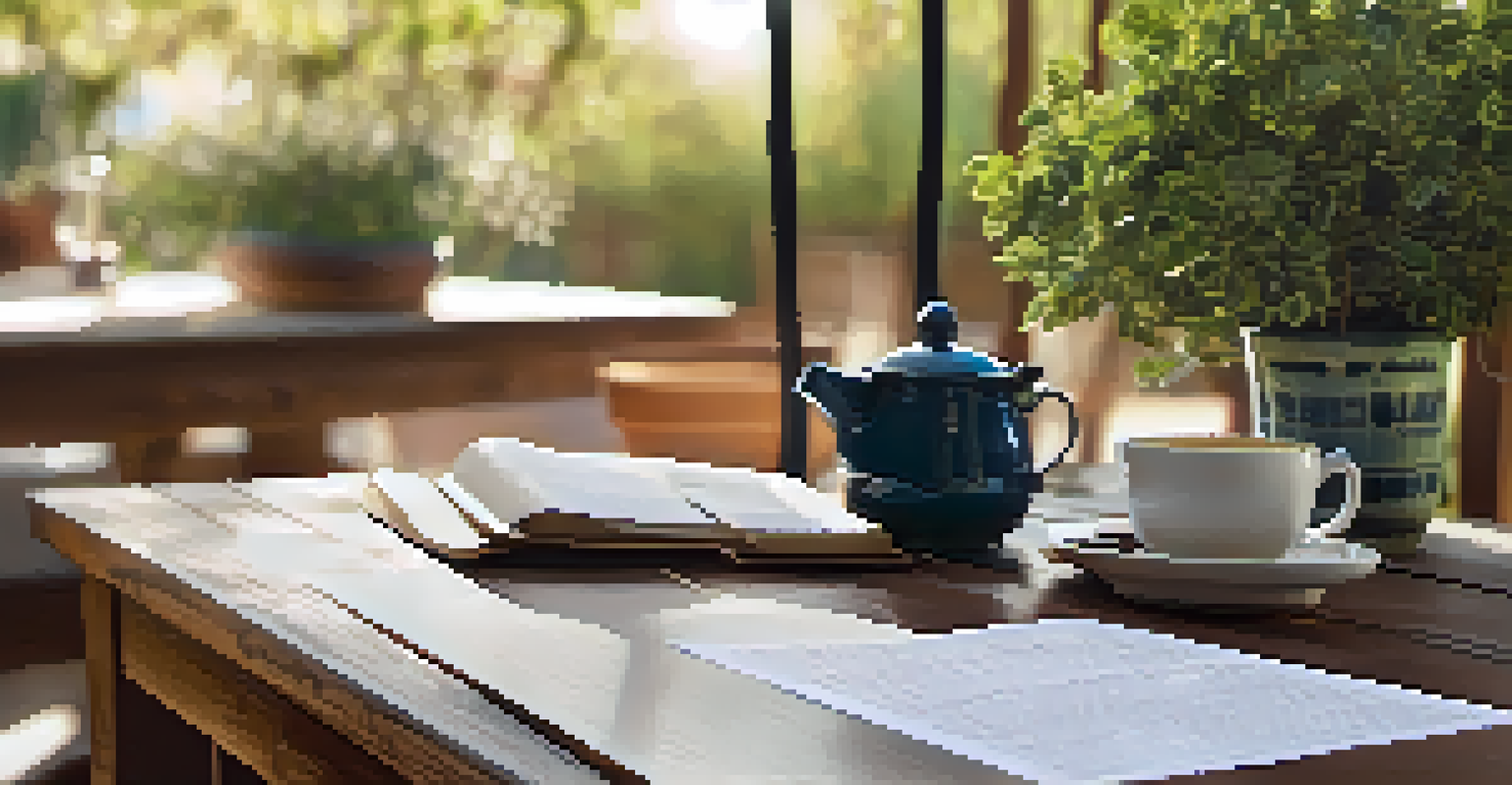 A homeowner reading HOA rules on a patio table with coffee and a potted plant.
