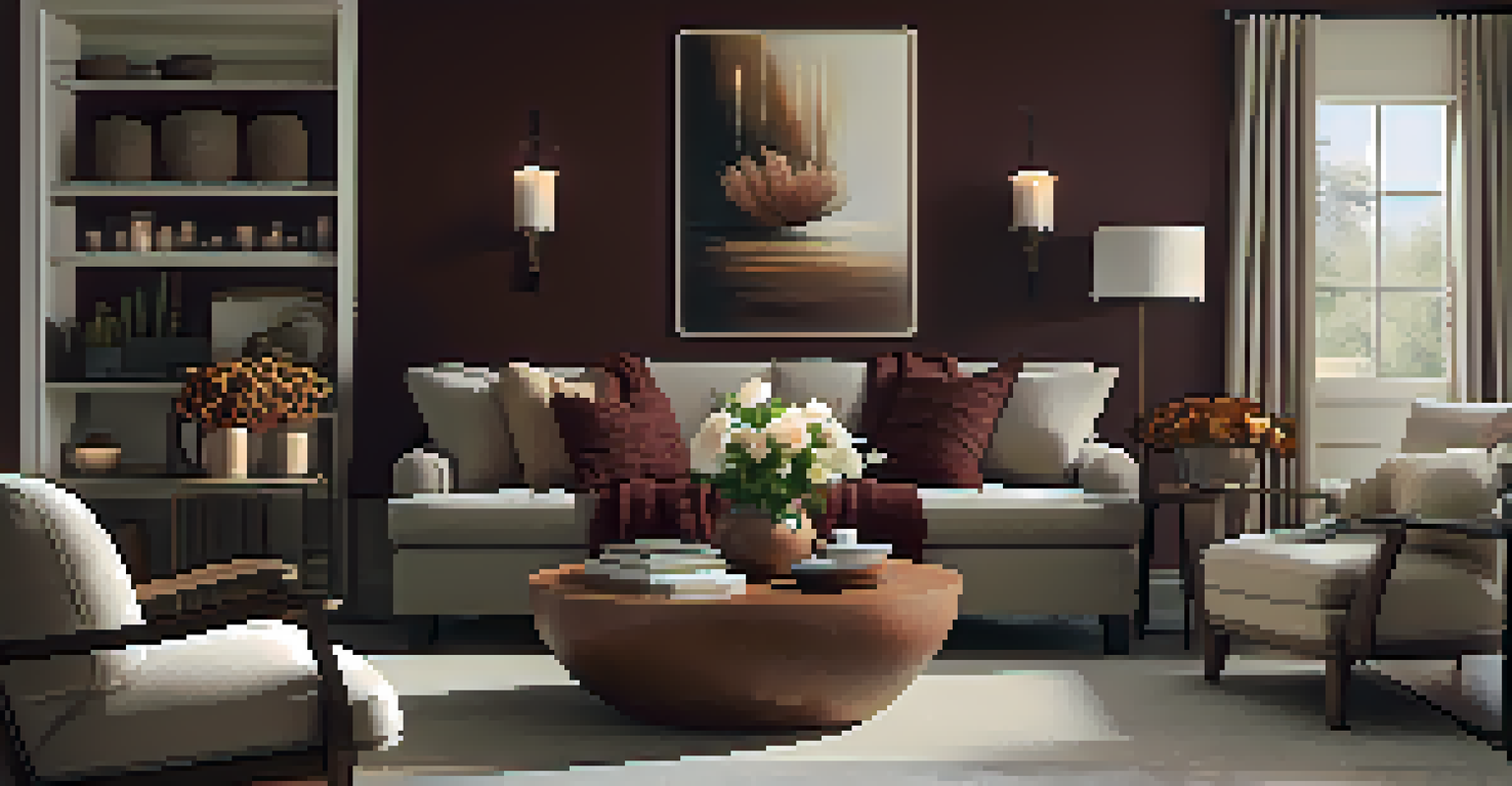 A cozy living room with warm colors, comfortable seating, and decorative elements like candles and flowers.
