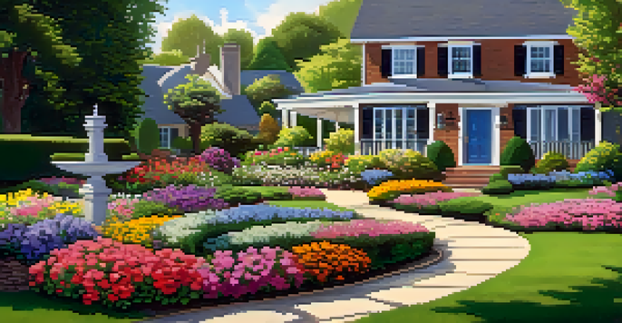 A colorful and well-maintained front yard with flower beds, a manicured lawn, and a stone pathway leading to the front door, under bright sunlight.