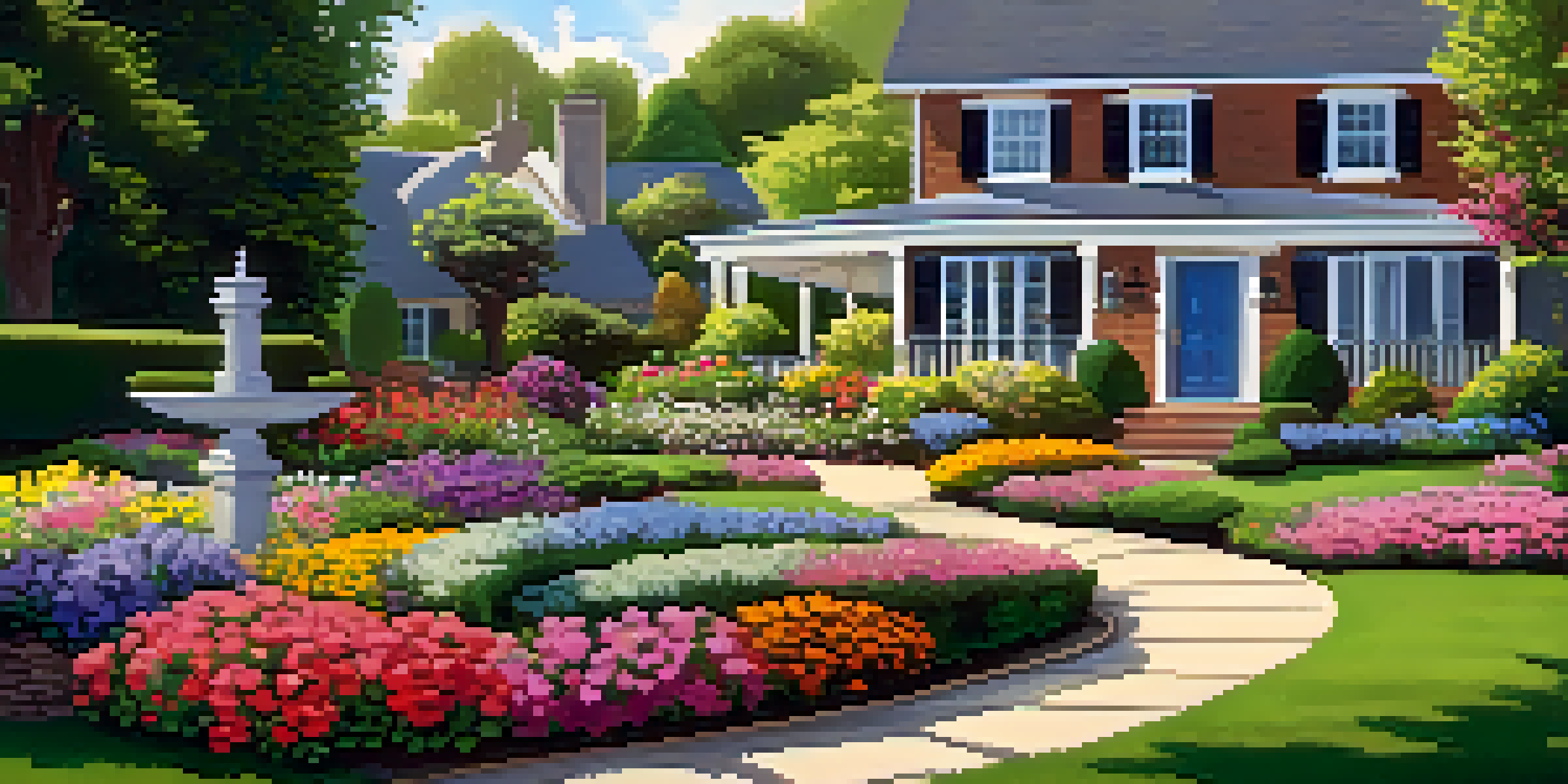 A colorful and well-maintained front yard with flower beds, a manicured lawn, and a stone pathway leading to the front door, under bright sunlight.