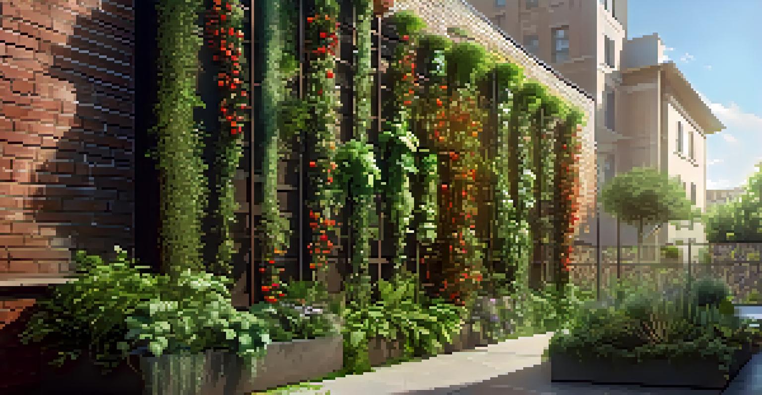 A vertical garden with climbing tomatoes and cascading herbs on a trellis in an urban setting.