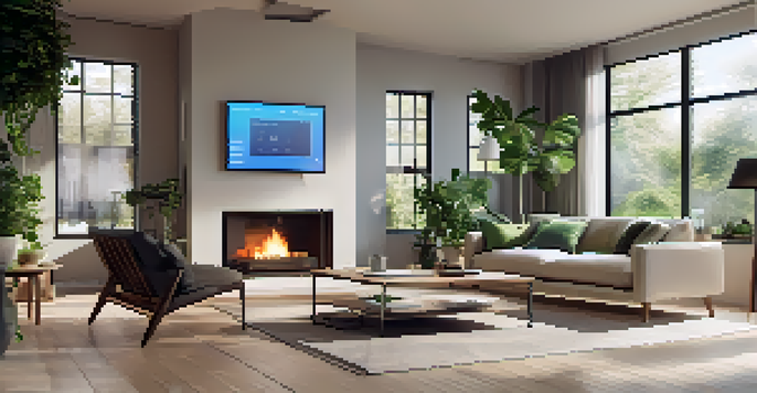 A modern living room showcasing smart home devices like a thermostat and a tablet, with warm natural light and minimalist furniture.