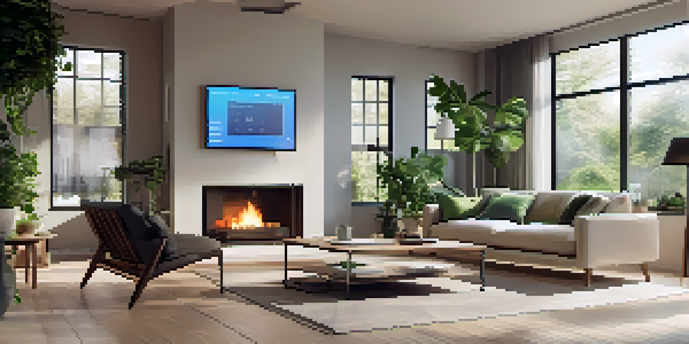 A modern living room showcasing smart home devices like a thermostat and a tablet, with warm natural light and minimalist furniture.
