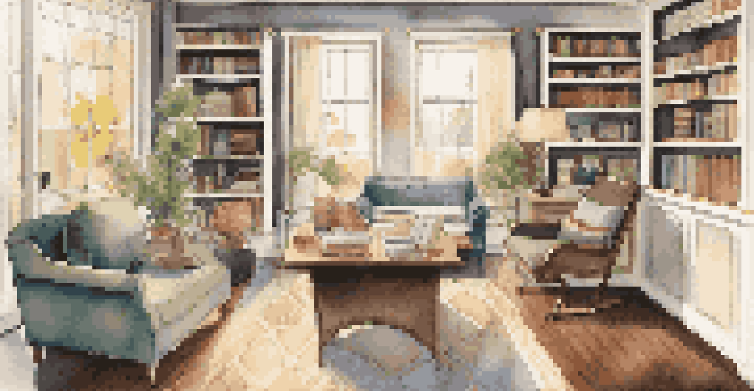 A stylish living room turned home office with a desk, chair, and bookshelves, illuminated by natural light.