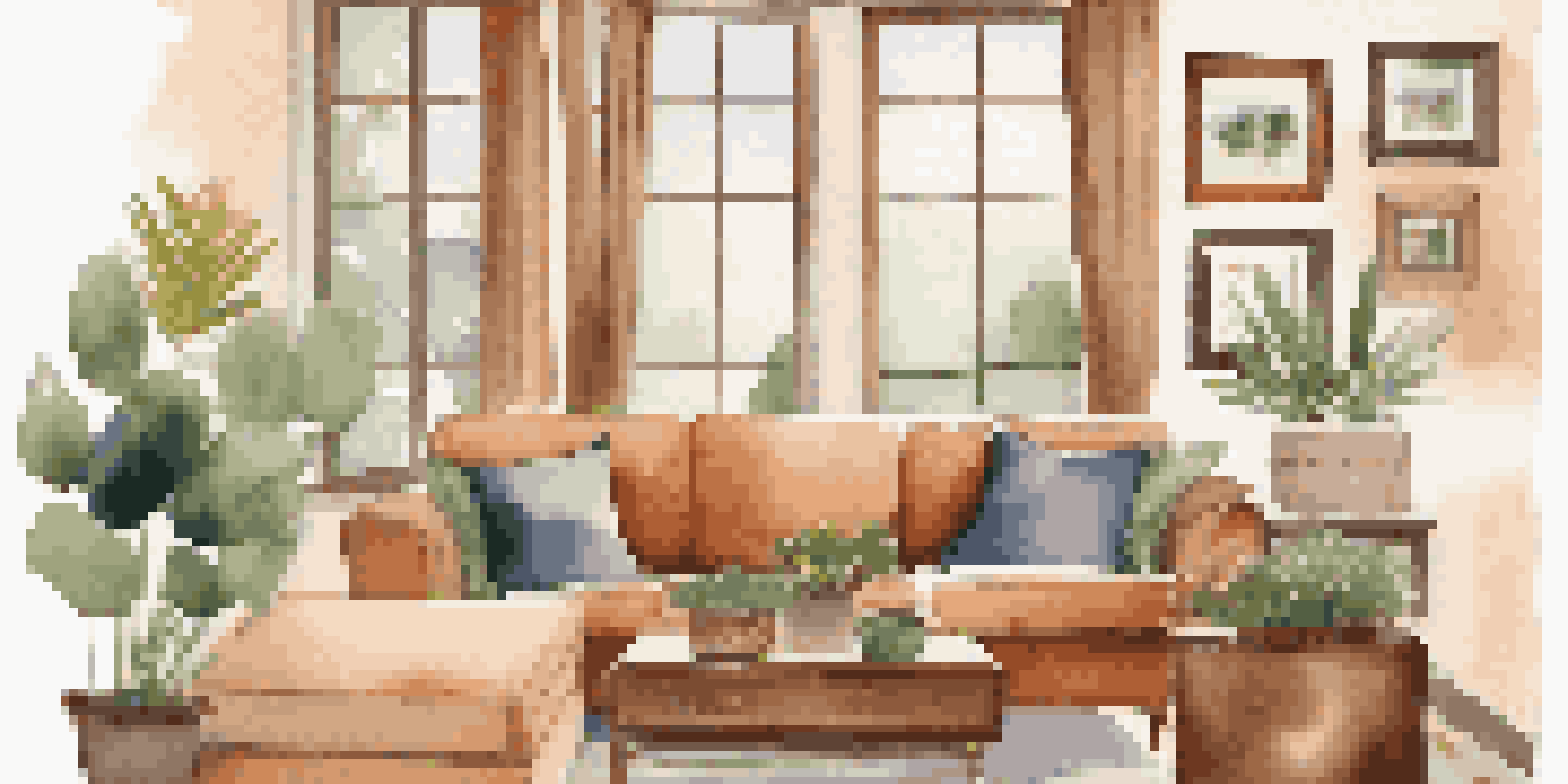 A warm and inviting living room with a sofa, coffee table, window, family photos, and a potted plant.
