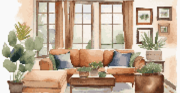 A warm and inviting living room with a sofa, coffee table, window, family photos, and a potted plant.