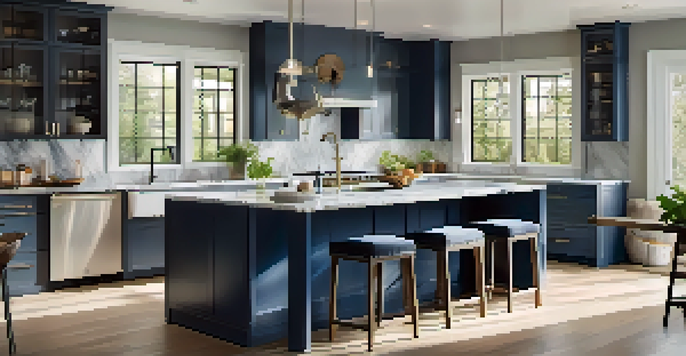 A bright and modern kitchen with stainless steel appliances and a large island, illuminated by natural light.