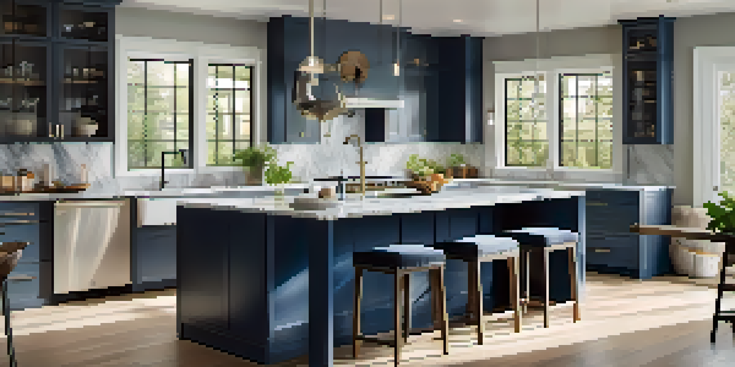 A bright and modern kitchen with stainless steel appliances and a large island, illuminated by natural light.