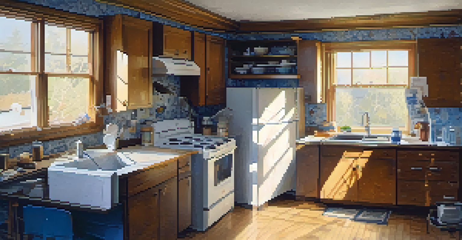 An old kitchen in a foreclosure property with renovation plans and tools.