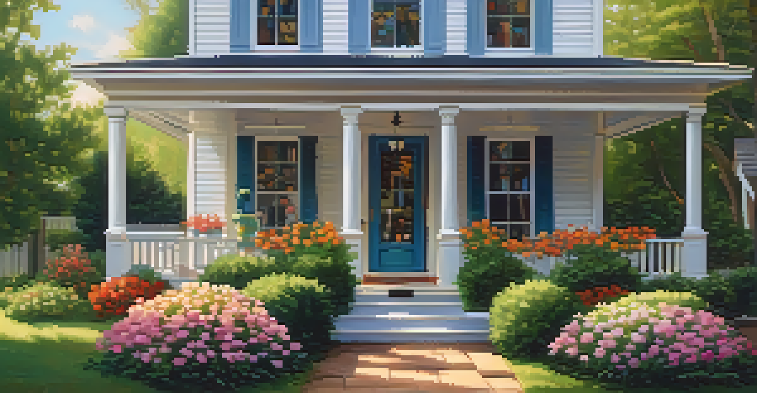 Close-up of a 'For Sale' sign in front of a charming house with a garden, showcasing a welcoming porch and blooming flowers in morning light.