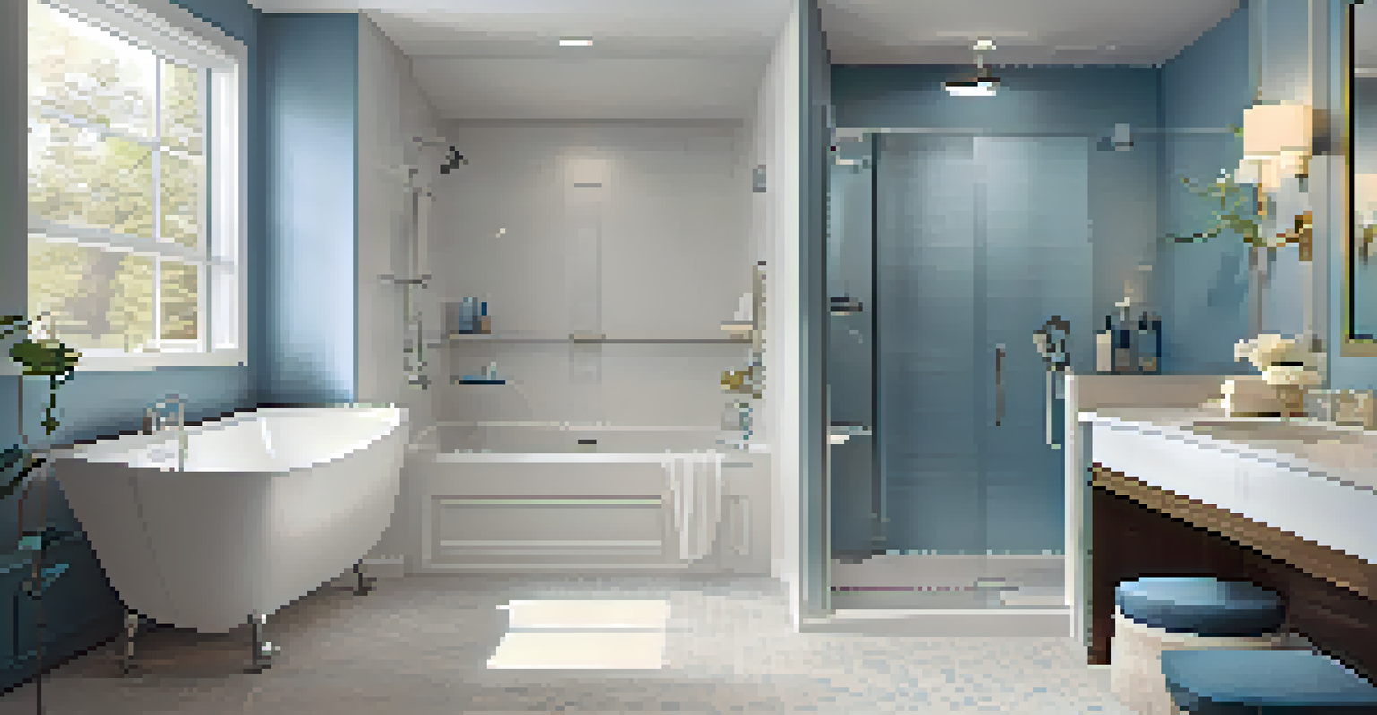 A modern, accessible bathroom with grab bars and a roll-in shower, designed for safety and usability.