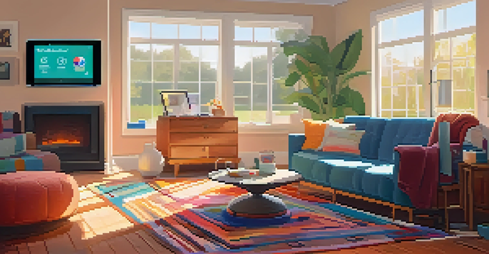A cozy living room filled with smart home devices like a speaker, thermostat, and security camera, illuminated by natural sunlight.