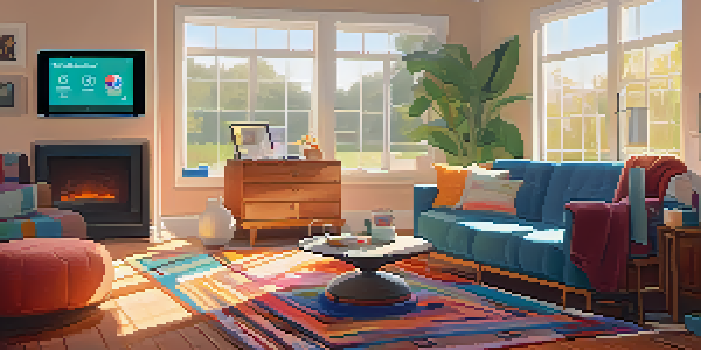 A cozy living room filled with smart home devices like a speaker, thermostat, and security camera, illuminated by natural sunlight.