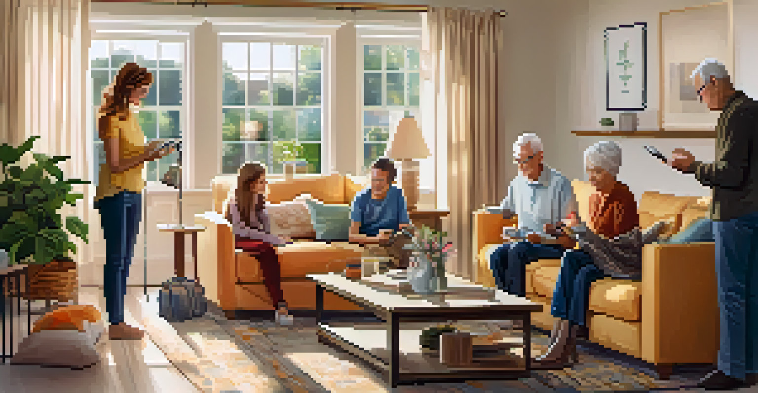 A family gathering with a senior and grandchildren, showcasing the use of smart home technology for monitoring.