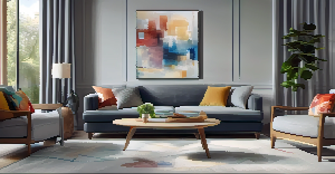 A cozy living room with gray walls, vibrant artwork, and a comfortable sofa bathed in warm natural light.