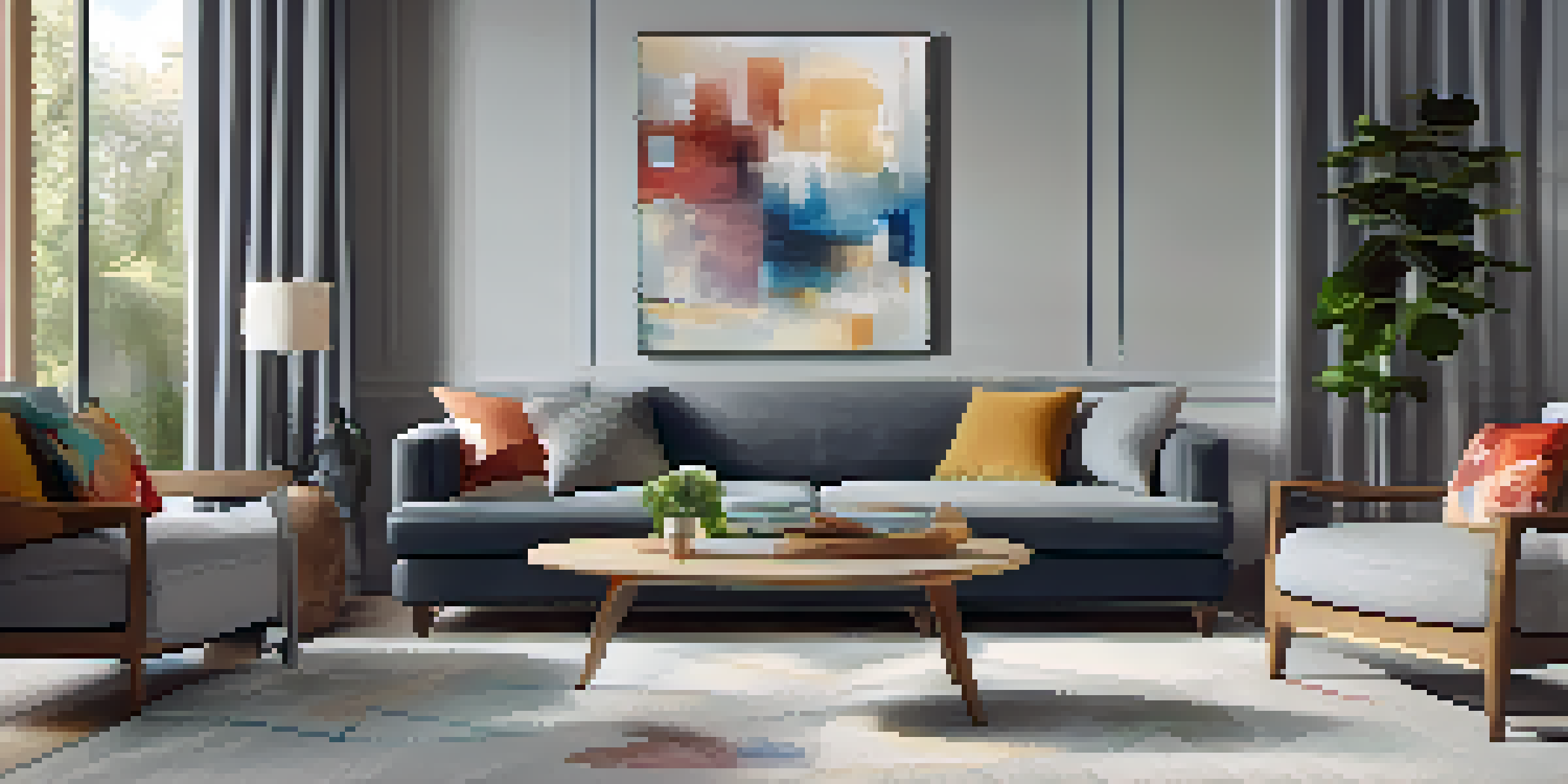 A cozy living room with gray walls, vibrant artwork, and a comfortable sofa bathed in warm natural light.