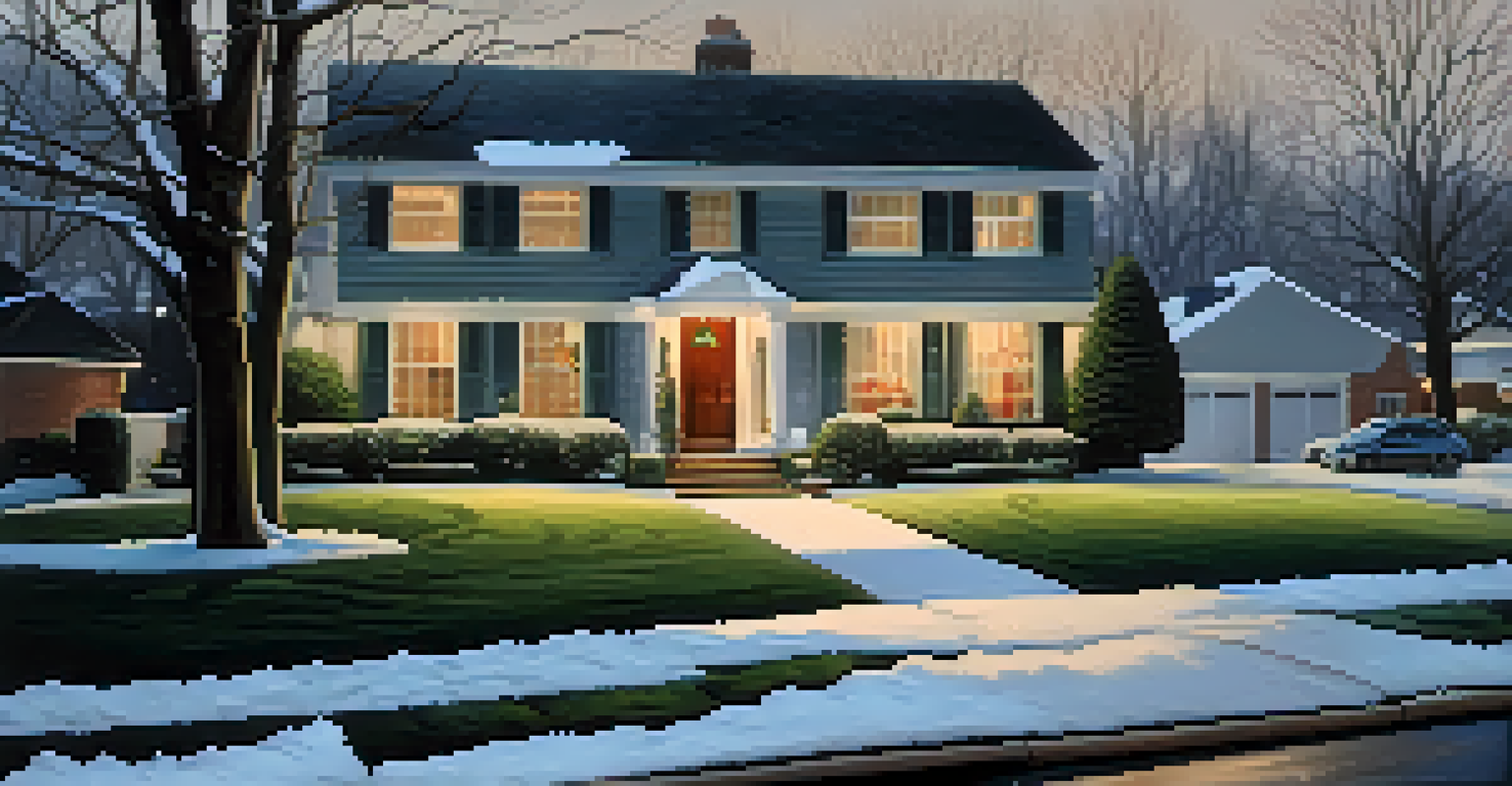 A clear and safe outdoor walkway in a suburban neighborhood during winter, with holiday lights and a house in the background.