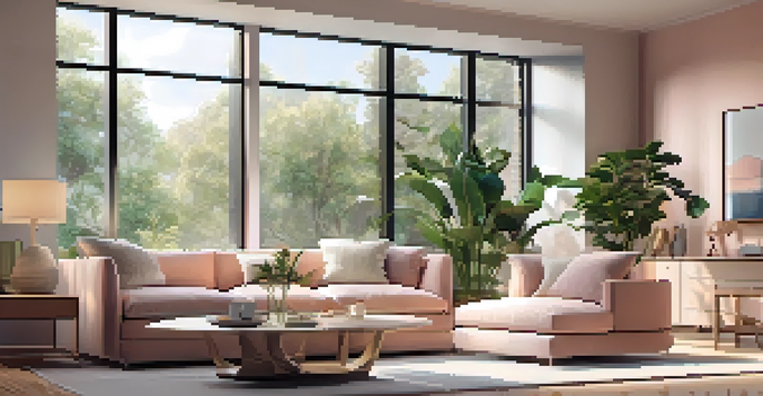 A modern living room with a large sofa, coffee table, plants, and natural light coming from a window.