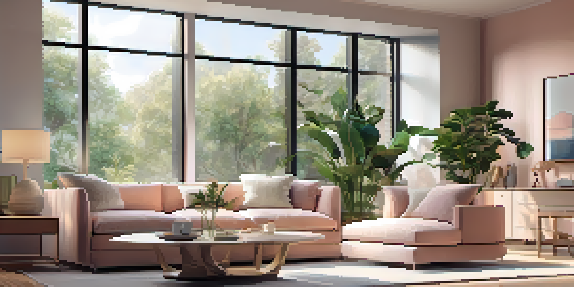 A modern living room with a large sofa, coffee table, plants, and natural light coming from a window.