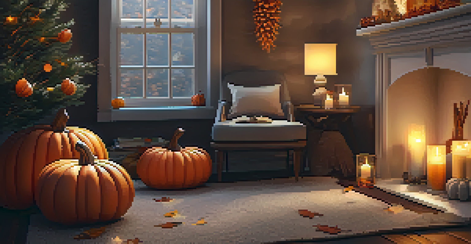 A cozy nook decorated for fall with warm colors, a beanbag chair, and autumn decorations.