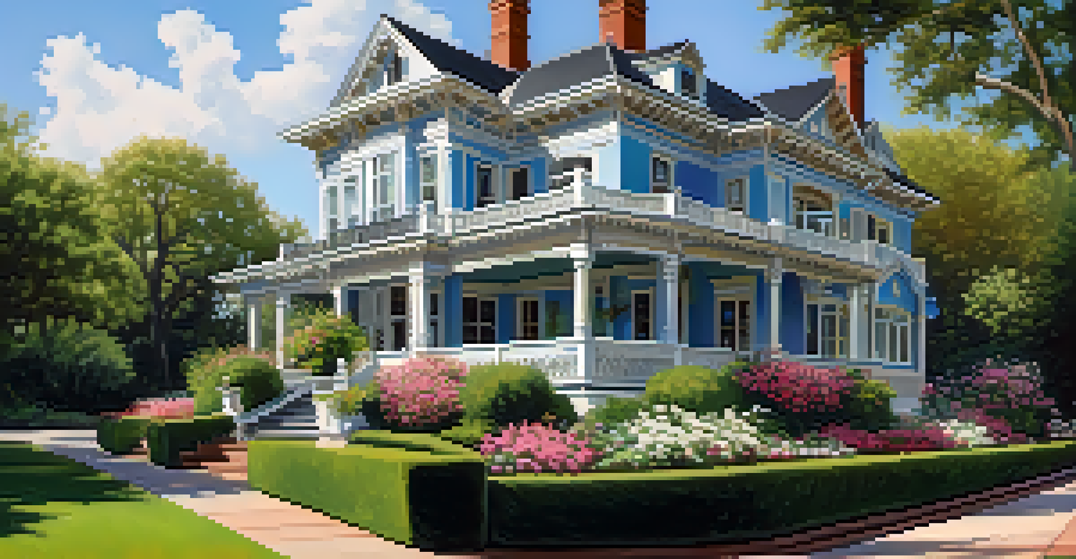 An elegant historic home with architectural details, surrounded by lush gardens and trees, with a couple strolling by under a blue sky.