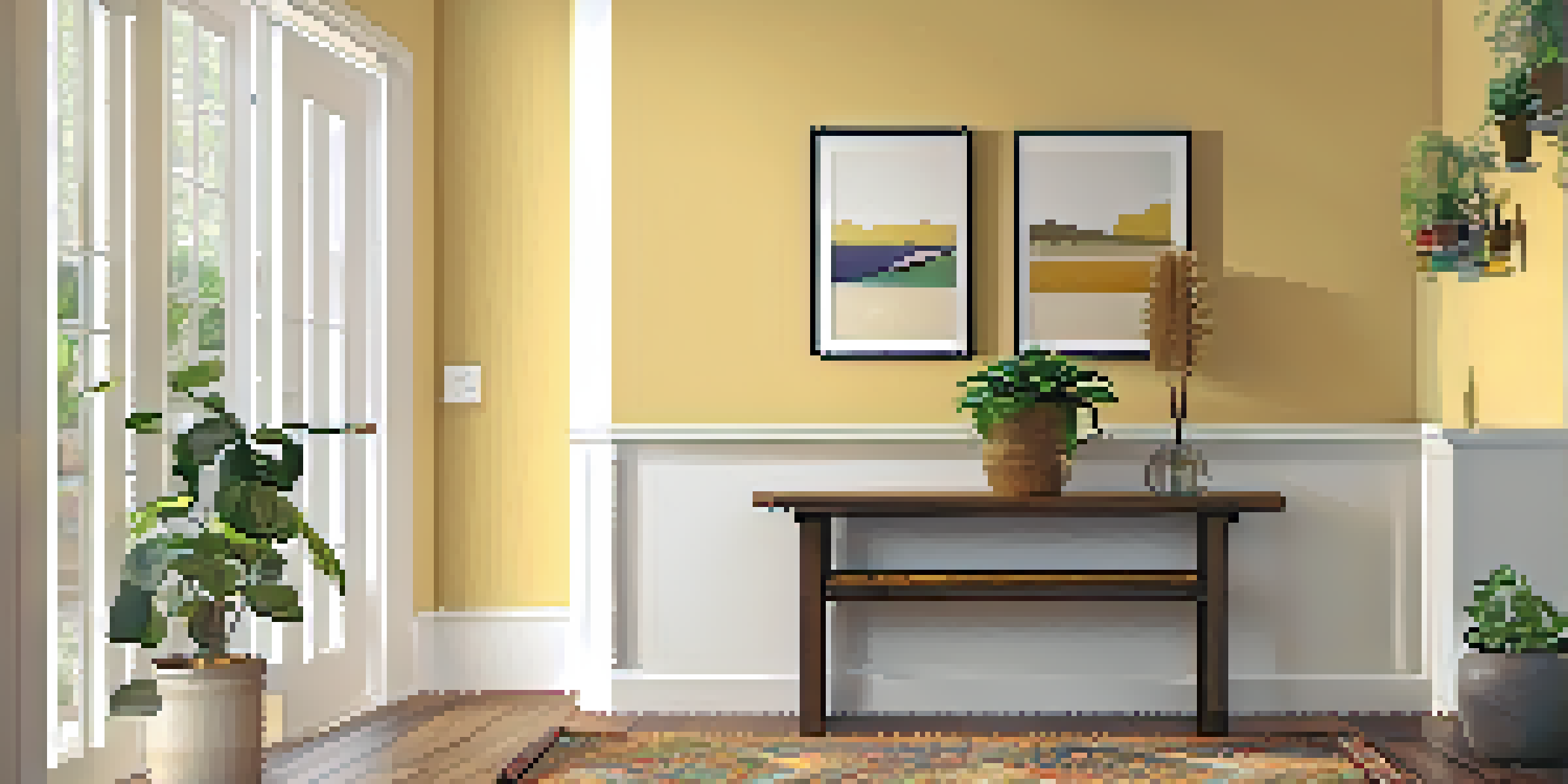 A cozy entryway with a coat rack, bench, and console table, painted in soft yellow with a colorful rug and potted plants.