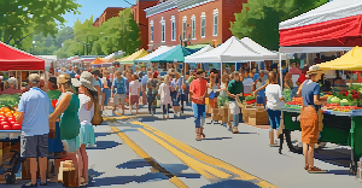 A lively historic neighborhood farmers' market with colorful stalls, residents enjoying music and food, under a clear sunny sky.