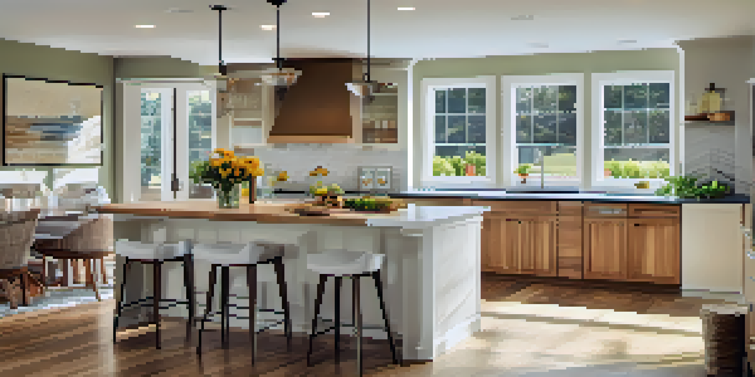 A modern kitchen with an island, bar stools, and large windows allowing natural light to fill the space.