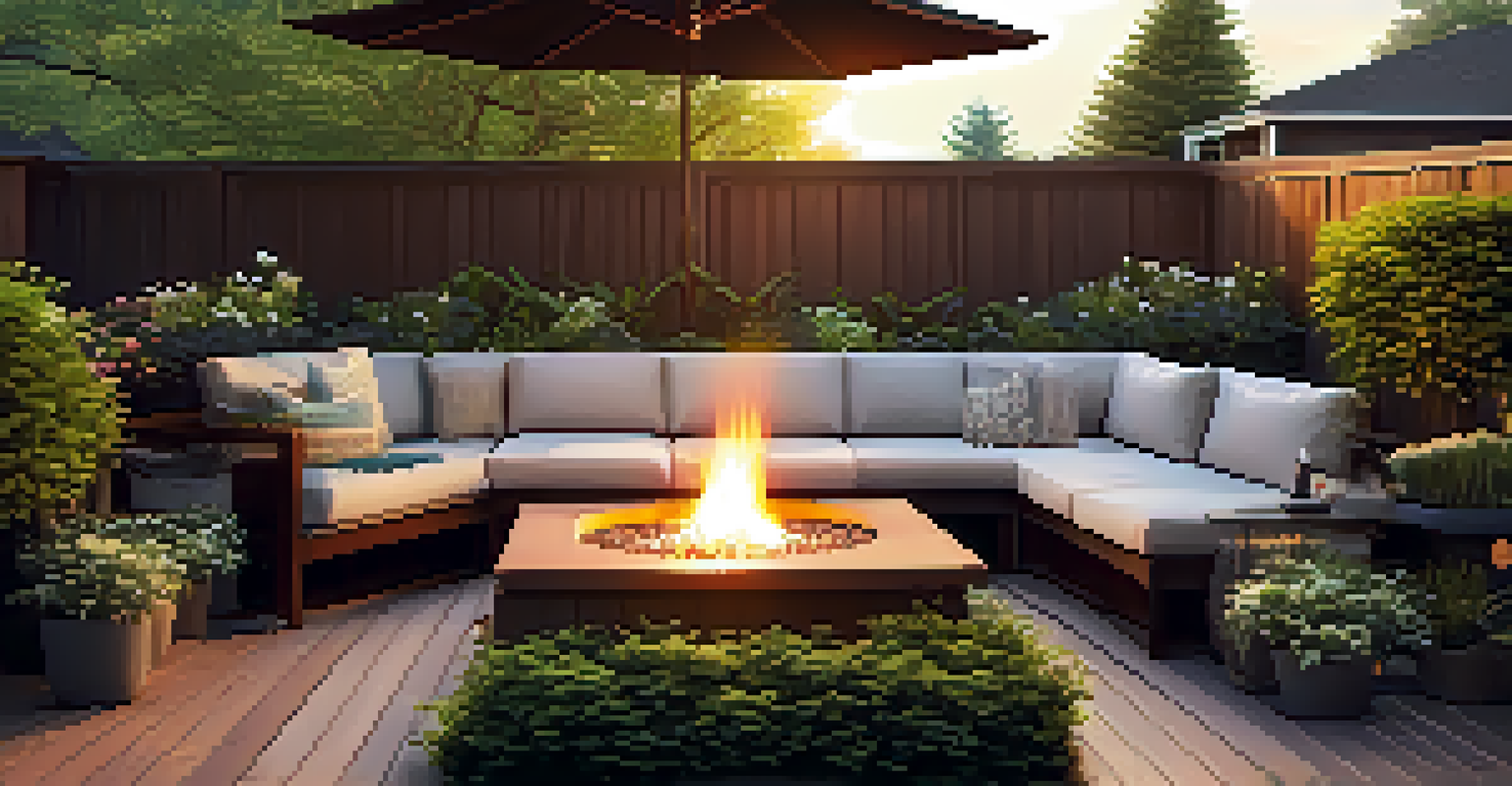 A beautiful outdoor living area with a wooden deck, comfortable seating, and a fire pit, surrounded by lush gardens at sunset.