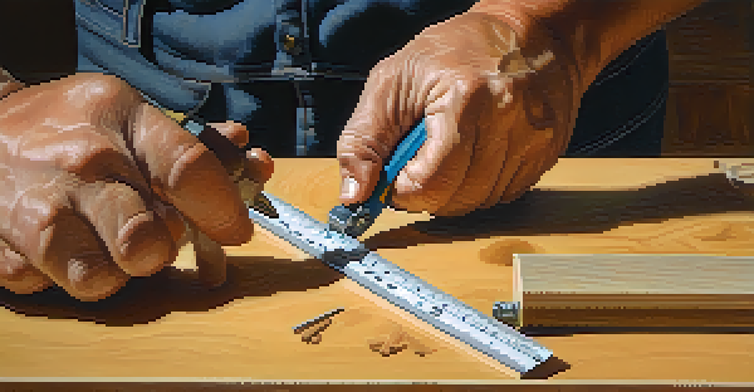 Close-up of hands measuring a wooden board with a tape measure and marking tools.