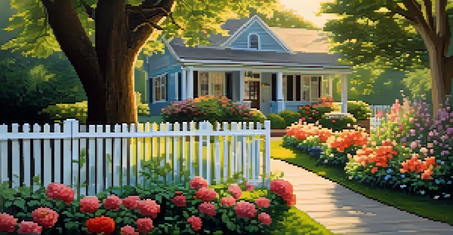 A beautiful garden filled with blooming flowers, a white picket fence, a wooden bench under a tree, and a sunset casting a golden light.