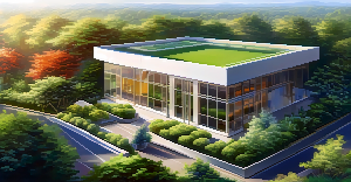 A modern office building surrounded by green trees and plants under warm sunlight.