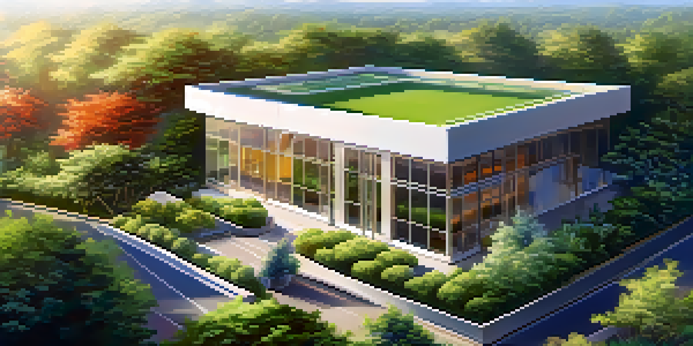 A modern office building surrounded by green trees and plants under warm sunlight.
