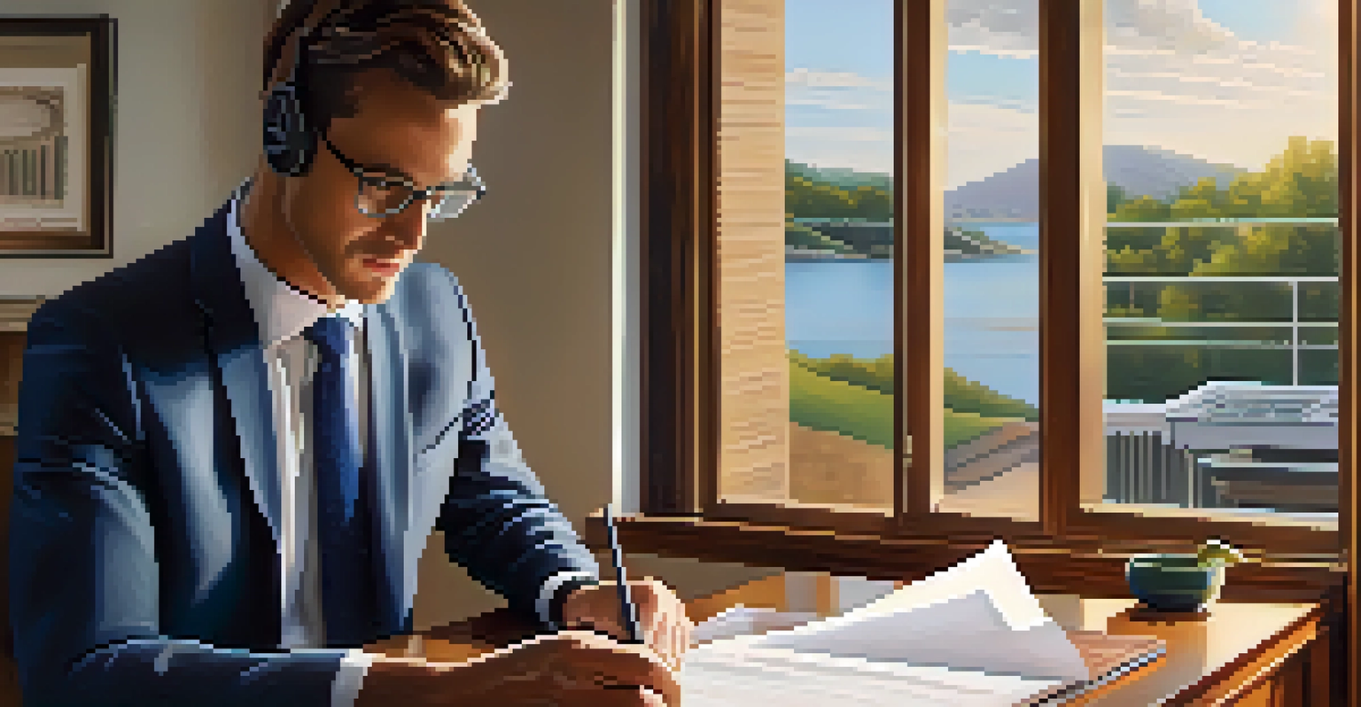 A real estate agent analyzing title insurance documents on a wooden desk with a laptop and natural light coming from the window.