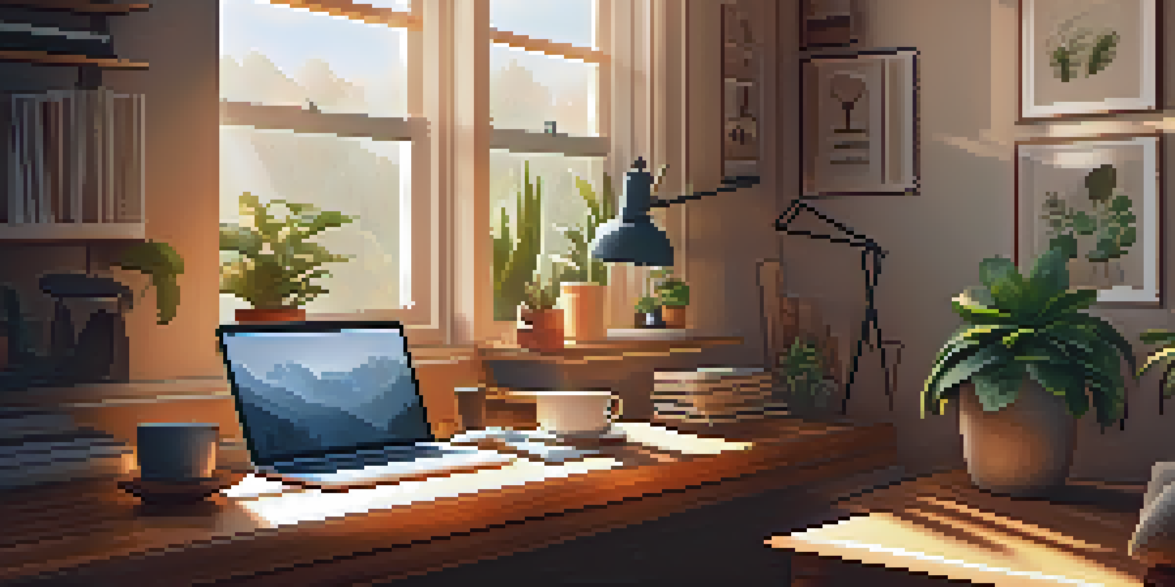 A warm and inviting home office with a desk, laptop, plants, and a coffee mug, illuminated by sunlight.