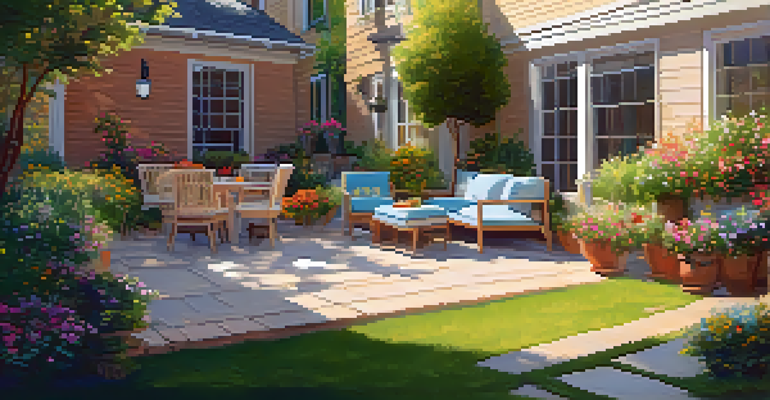 A beautiful outdoor garden with colorful flowers and a cozy seating area, illuminated by warm sunlight.