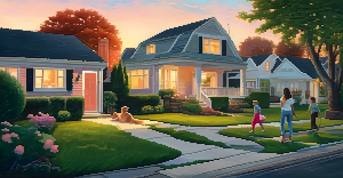 A suburban neighborhood at sunset with families and homes.