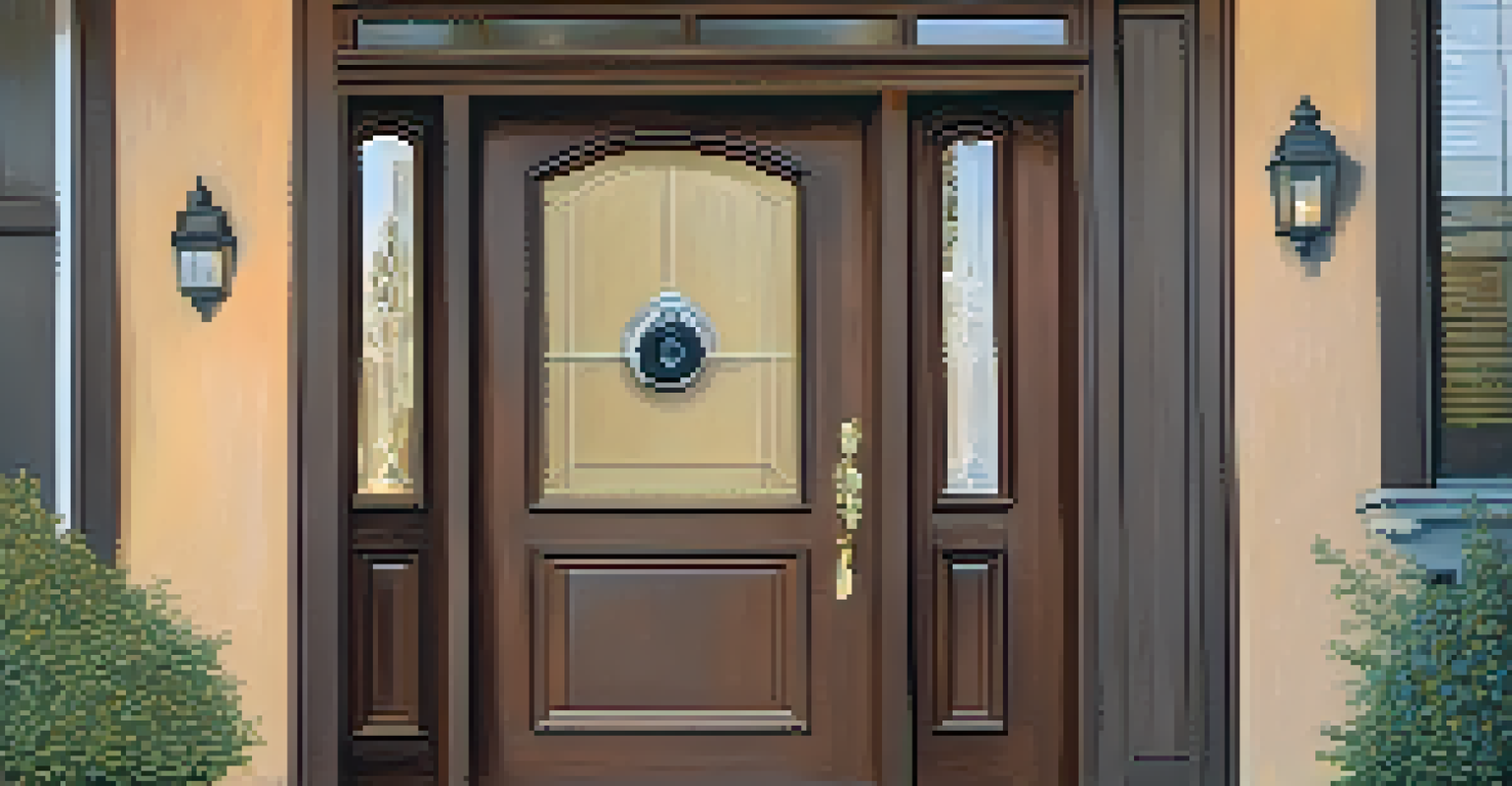A detailed view of a secure front door with a strong lock and security camera, symbolizing home safety.