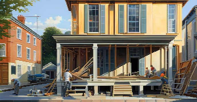 An exterior view of a house in renovation, with scaffolding and workers in the background, illuminated by the morning sun.