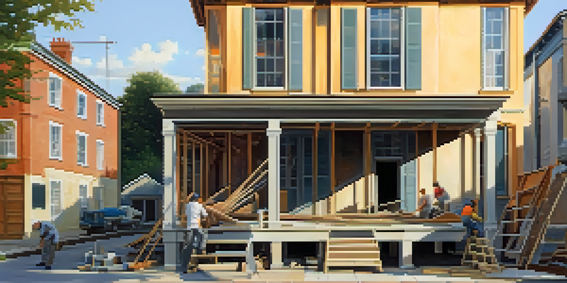 An exterior view of a house in renovation, with scaffolding and workers in the background, illuminated by the morning sun.