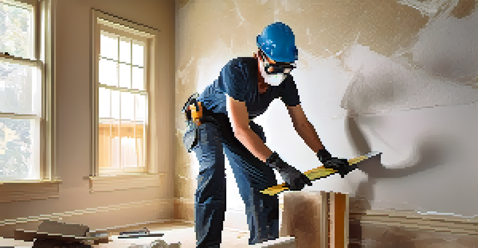 A person in safety gear using a utility knife to cut wallpaper in a home renovation project, with a partially stripped wall in the background.