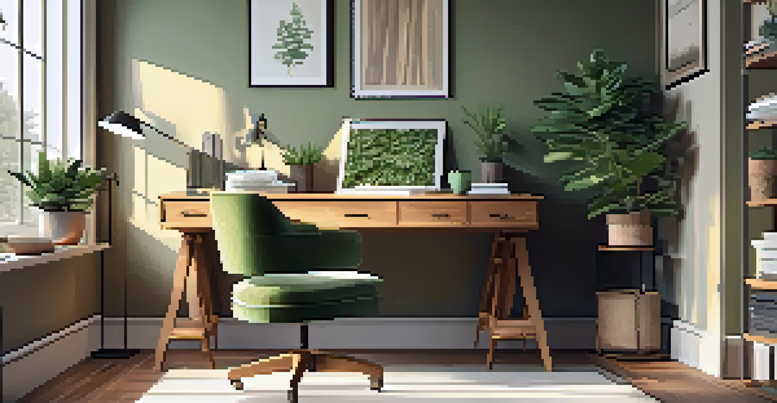 A cozy office with earthy tones, wooden furniture, and a green plant, illuminated by sunlight.